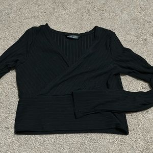 Shein Long Sleeve Black Ribbed V-Neck Cropped Top